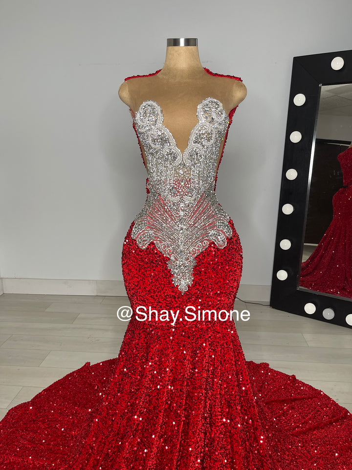 DESTINY - Red Sequin Prom Dress with Silver Rhinestones