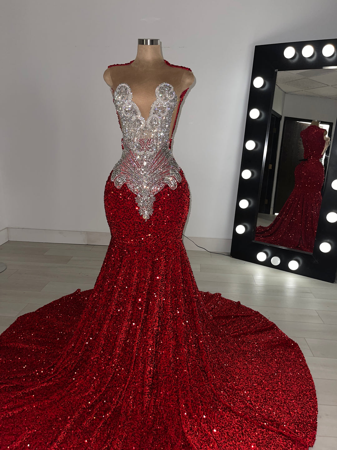 DESTINY - Red Sequin Prom Dress with Silver Rhinestones