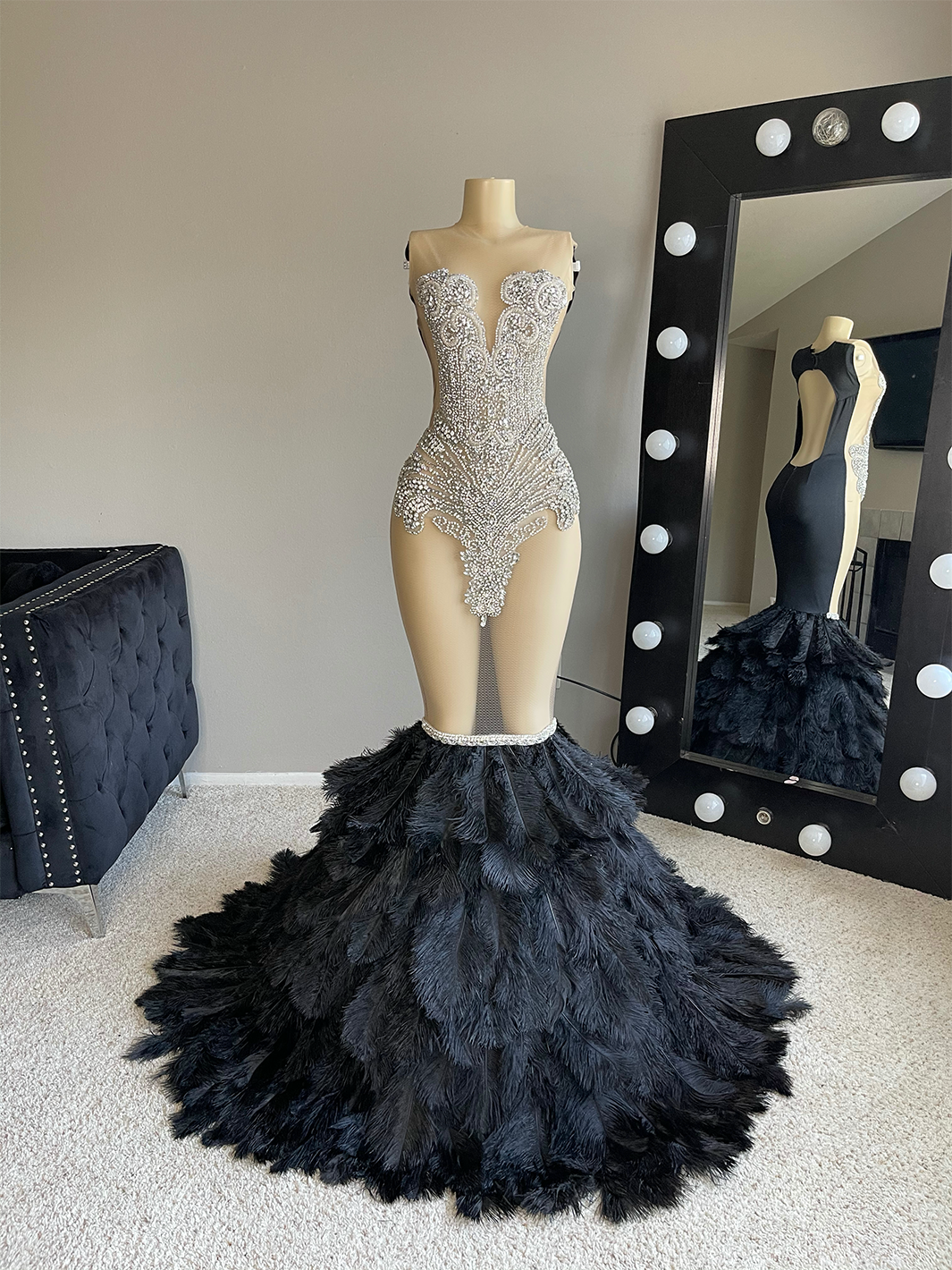 Crystal Dress with Black Ostrich feathers